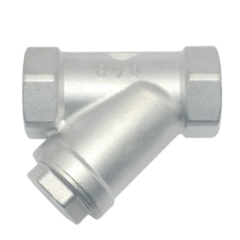 Front view of 1-inch stainless steel WYE pipe fitting with female NPT ends