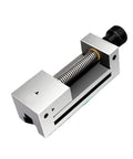 Top Shelf Precision Vise With Flat Nose Clamping Tongs Made For Grinding Machines Featuring Right Angle Heavy Duty Steel close-up view of the vise with threaded drive.
