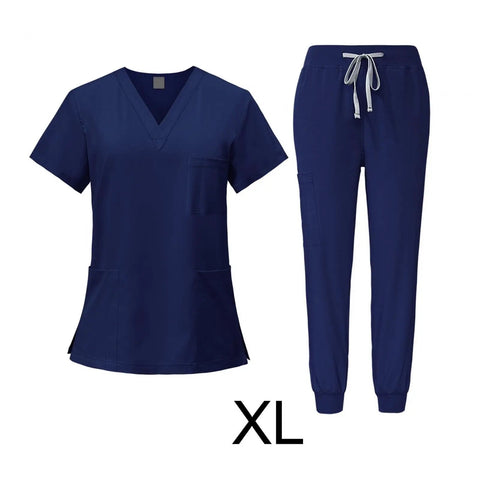 Women Scrub Set For Clinics And Spas Top And Jogger Pants Navy Blue XL Machine Washable And Easy Care Workwear All Day Comfort