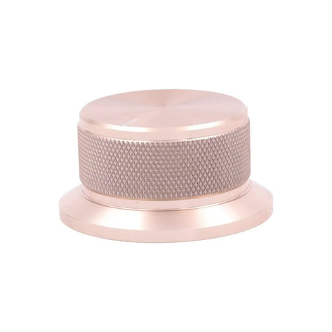 Heavy Duty Aluminum Volume Control Knob Featuring Slick Diamond Knurled Grip For Pro Level High End Audio Amplifier And Turntable Buttery Smooth Rotation Top Shelf Replacement Dial in rose gold finish.