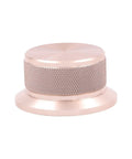 Heavy Duty Aluminum Volume Control Knob Featuring Slick Diamond Knurled Grip For Pro Level High End Audio Amplifier And Turntable Buttery Smooth Rotation Top Shelf Replacement Dial in rose gold finish.