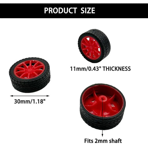 12 PCS RC Car Wheels Set 30mm Rubber Tires With 6 Round Axles 2mm Shaft And 100mm Length Red Perfect For DIY Model Toy Building Projects