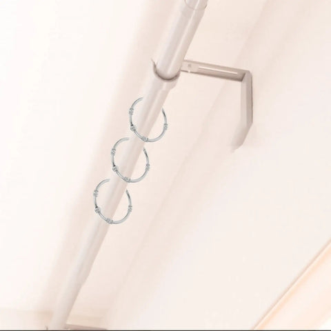 12 Piece Zinc Alloy Shower Curtain Hooks With Smooth Glide Double Sided Rings For Bathroom Rods No Tools Needed Easy Install Durable Rust Resistant With Shiny Silver Finish installed on a rod
