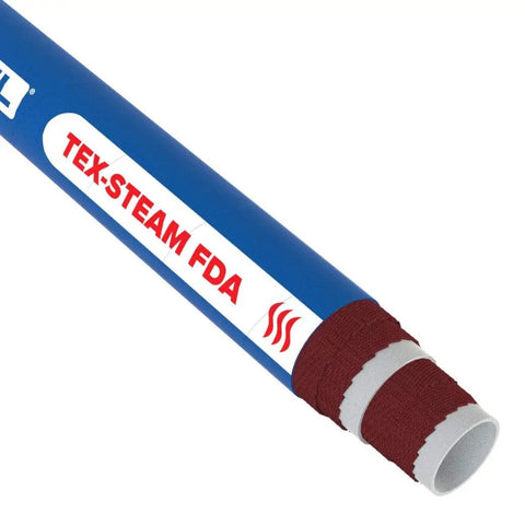 Close-up of blue Heavy Duty 1 Inch ID 25 Feet FDA Compliant Food Grade Steam Discharge Transfer Hose with text label.