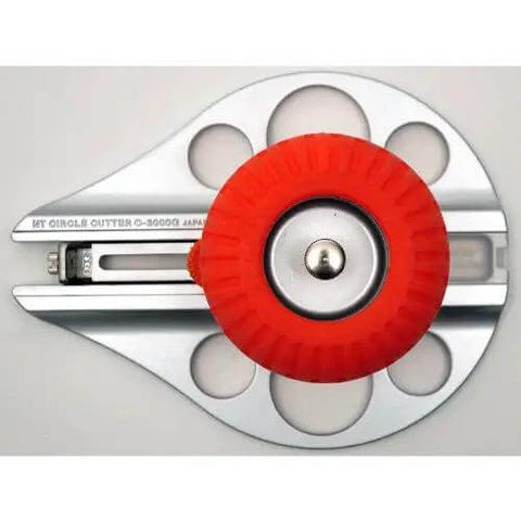 Top view of Beefy Aluminum Die Cast Circle Cutter with Adjustable 1.18 to 10.23 Inch Cutting Diameter and red grip.