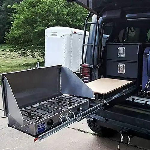 Heavy Duty Industrial Drawer Slides Built Like A Tank 76 Inch Full Extension Side Mount Ball Bearing Cabinet Rails Locking Feature Smooth Glide Steel Drawer Runs Pro Grade Hardware with camping stove extended from vehicle.