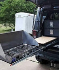 Heavy Duty Full Extension Drawer Slides With Lock support outdoor cooking setup with mounted gas stove and extended wooden prep area.