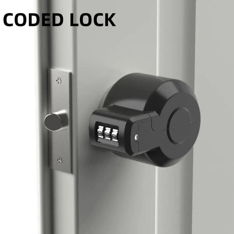 Code Lockout Door Knob Device Cover No Key Needed to Disable Doorknob From Outside Without Drilling, shown on metal door