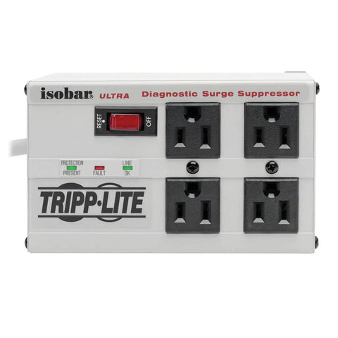 Beefy Four-Outlet Heavy Duty Power Strip With 3330 Joules Surge Protector on white background with red switch
