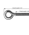 Heavy Duty Zinc Eye Bolt Set 1/4-20 Coarse Thread 2-1/2 Inch Long 15-Piece Pack with size dimensions shown