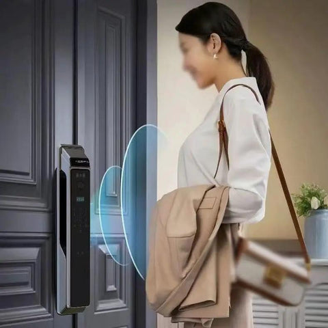 Hassle Free Smart Door Lock With Rock Solid Fingerprint Recognition And Swipe Card Keyless Entry Smooth Brushed Steel Look mounted on a door with user.