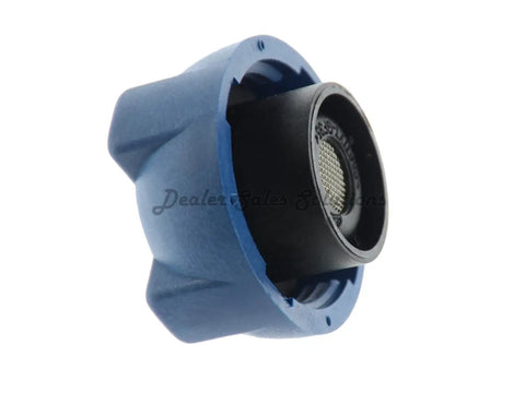 Side view of blue Porsche Radiator Cap OEM Replacement With Mesh Screen 996 106 447 04 Exact Fit Debris Blocking Mesh Cap