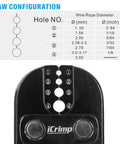 Wire Rope Crimping Tool For Aluminum Oval Sleeves And Ferrules showing jaw configuration chart and measurement guide