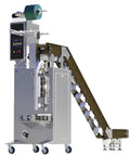 Heavy Duty Slick Automatic Net Weight Dispensing Filling Packing Machine For Irregular Rice Nuts Grains Coffee Beans Lentils And Fertilizer Granules With Straight Up Dump Bucket Loading Design with conveyor and control panel.