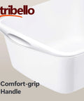 Corner view of Heavy Duty White 12 Quart Plastic Dishpan Wash Tub For Soaking Feet, Laundry, Hand Washing And Storage with handle