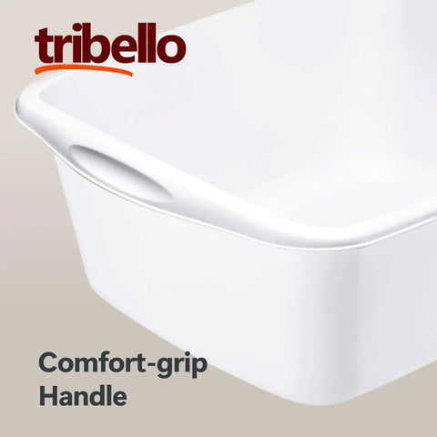 Corner view of Heavy Duty White 12 Quart Plastic Dishpan Wash Tub For Soaking Feet, Laundry, Hand Washing And Storage with handle