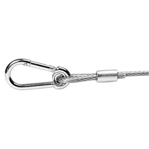 Stage Lights Safety Cables Pack Of 10 Beefy Stainless Steel Cables For DJ Lights With Loops And Carabiners, close-up view of carabiner attachment.