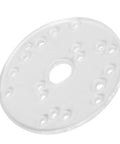 Top Shelf Transparent Acrylic Router Base Plate For Trim Routers Featuring Brass Centering Pencil Dead On Alignment Crystal Clear Optics, detailed view of base plate with multiple holes.