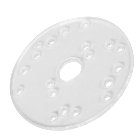 Top Shelf Transparent Acrylic Router Base Plate For Trim Routers Featuring Brass Centering Pencil Dead On Alignment Crystal Clear Optics, detailed view of base plate with multiple holes.