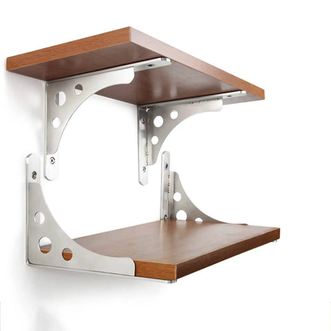 Heavy Duty Shelf Brackets Built Tough For Wall Mounted Floating Shelves Stainless Steel L Bracket holding wooden shelf.