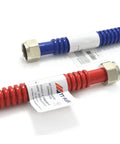 Easy Install No Kink Flexible Stainless Steel Corrugated Water Heater Connector With Color Coded Hot And Cold Lines 3/4 Inch FIP To 3/4 Inch FIP 24 Inch Length Leak Free Durable Plumbing Hose 2 Pack showing red and blue lines