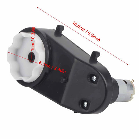 RS390 High Speed Electric Motor for Kids Ride On Toys, 6V 12V Compatible, black casing, dimensions noted, angled view