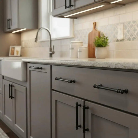 Heavy Duty Matte Black Cabinet Pulls And Handles 10 Pack With 3 Inch Hole Centers For Kitchen Drawers And Cupboards shown on gray cabinets