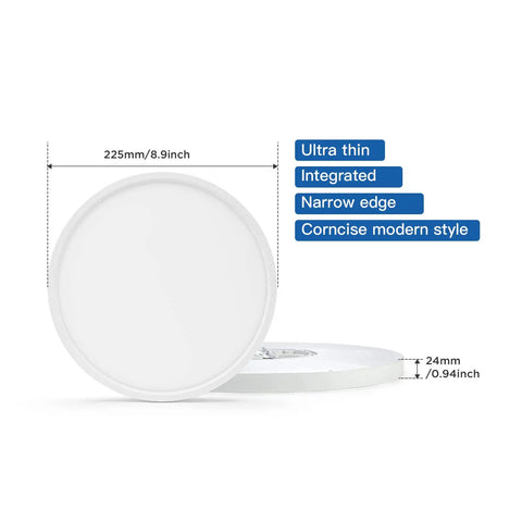 18W Ultra Thin Flush Mount LED Ceiling Light 8.9 Inch 6500K Daylight White, 1800 Lumen, side view showing dimensions and features