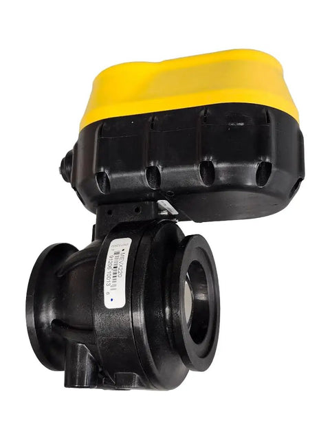 12 Volt DC Electric Ball Valve With 2 Inch Full Port Manifold Flange, Open Close ON OFF, IP68 Waterproof, Quick 1.5 Second Actuation, Indicator Light, Built Tough Industrial Valve For Fluid Systems MEVX220 black valve with yellow actuator