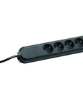 Black Four Outlet Power Strip With Snappy Cable Rewind And Rock Solid Grounding Socket To Dodge The Cord Tangles And Keep Your Setup Running Smooth As Silk Today, featuring four schuko plugs.
