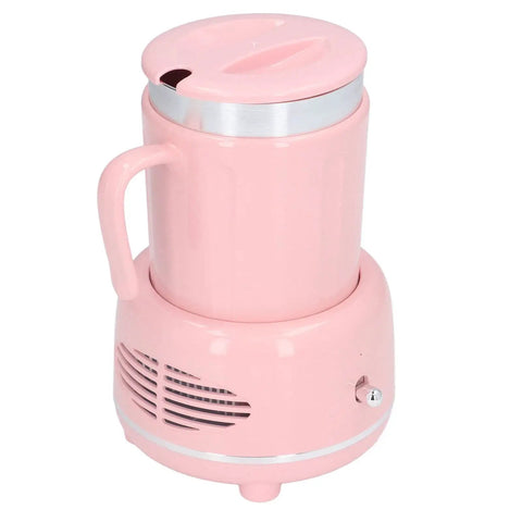 Electric Coffee Mug Warmer And Ice Cold Chiller With Dual Mode Temp Control Aluminum Desktop Heated Coaster USB Powered Drink Stand Keep Your Sip Fresh For The Daily Grind Pink close-up of the container with handle.