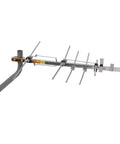 Compact Outdoor Or Attic Yagi HDTV Antenna With 75 Mile Range Digital OTA For Clear VHF UHF Reception mast and clamp visible