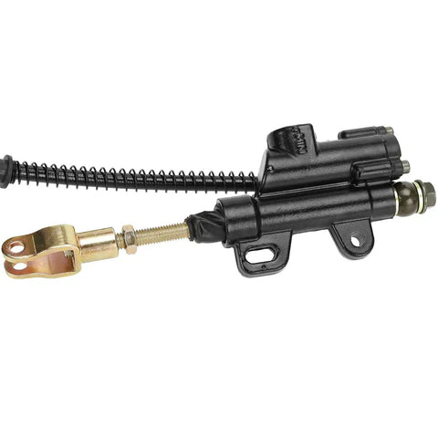 Rear Brake Master Cylinder Caliper Assembly Ride Ready Fits 50cc 70cc 90cc 110cc 125cc ATVs shown in black metal with attached hose