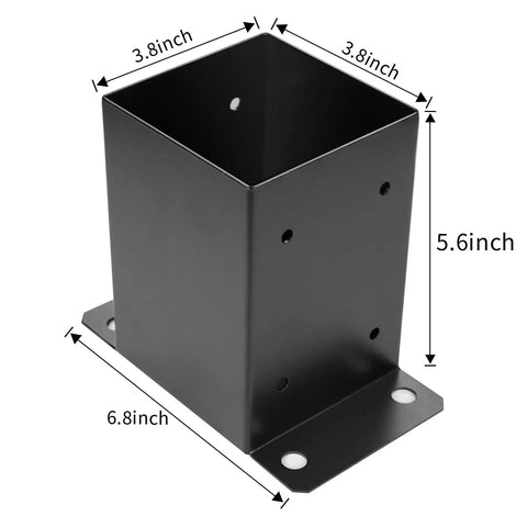 Heavy Duty 4x4 Post Base Brackets Black Powder Coated 14 Gauge Steel 8 Pack with dimensions in inches for deck support