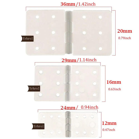 Three sizes of pinned nylon hinges for RC airplane models, durable square foldable loose leaf hinges with measurements shown.