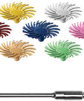 Half Inch TC Snap-On Radial Bristle Discs Set With Thermoplastic Construction For Precision Rotary Cleaning And Polishing, Assorted 7 Grit Textures, Six Of Each, Includes 5431 Mandrel, 43 Piece Kit displaying colorful bristle discs and mandrel.