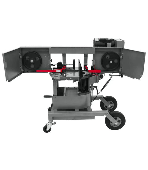 8 Inch Portable Dual Mitering Bandsaw With Hydraulic Downfeed, 1 HP, 115/230V 1 Phase, Automatic Shutoff, Self Propelled Blade Brush, Large 16 x 10 Inch Vertical Cutting Table, Heavy Duty Shop Workhorse For Precise Bevel And Miter Cuts