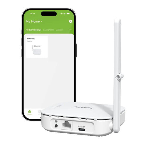 WiFi And Ethernet Enabled Water Timer Gateway For Sprinklers And Drip Irrigation Never Offline HWG040 Hub alongside smartphone