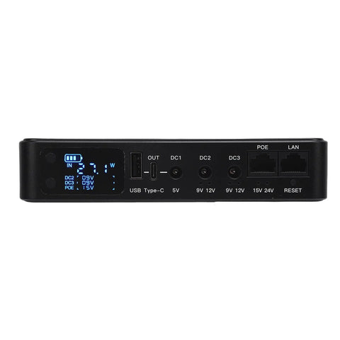 Mini Ups Battery Backup With 10400mAh Capacity For Routers Modems And Security Cameras Features PoE outputs and USB ports on display.