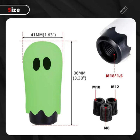 Flat Out Smooth Shifting Universal Gear Knob Featuring Glowing Phantom Etching and Contoured Machined Aluminum Handle dimensions and adapters.