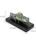 RC Submarine Mini Boat Rechargeable Plastic Dark Green Military Dive Model With 360 Degree Rotation on black base