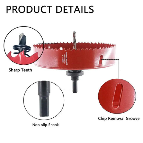 Moretopgood 6 Inch HSS Bi-Metal Hole Saw Kit With Arbor And Dust Bowl, showing sharp teeth and non-slip shank details.