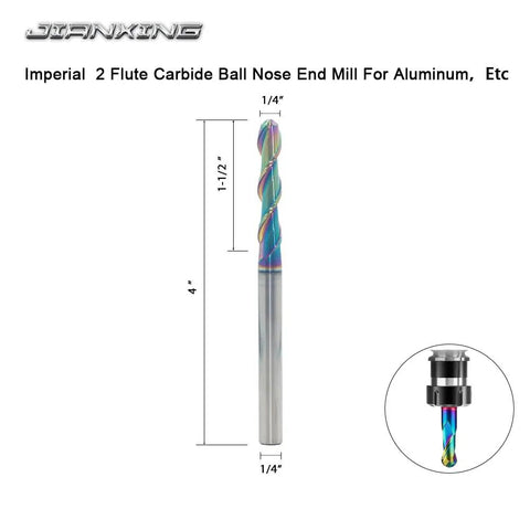 One Quarter Inch Extra Long DLC Coated Two Flute Carbide Ball Nose End Mill For Aluminum Copper Alloys And Plastic Machining High Precision Wear Resistant Cutting Tool, front view with dimensions.