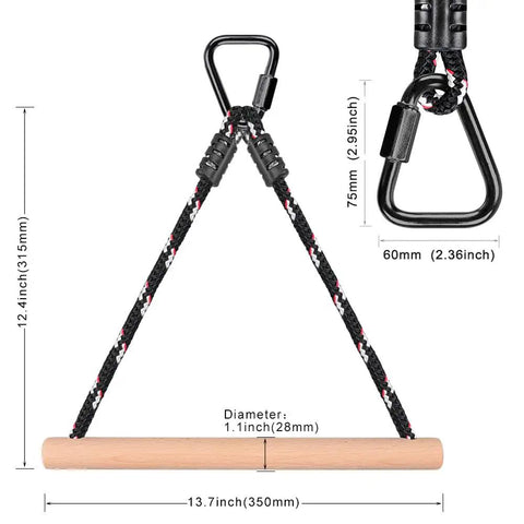 3 Pack Ninja Monkey Bars Obstacle Course Set with wood and rope trapeze swing, showing dimensions and carabiner attachment.