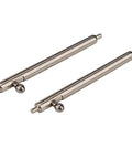 Two 22mm stainless steel watch spring bars with quick-release pins and tool, angled view.