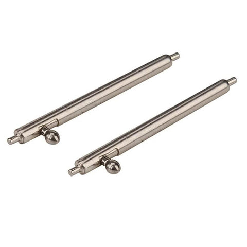 Two 22mm stainless steel watch spring bars with quick-release pins and tool, angled view.