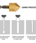 Illustration of using a 7 Piece Countersink Drill Bit Set With Quick Change Hex Shank For Wood Pro Grade High Speed Steel 5 Flute 90 Degree Center Punch.