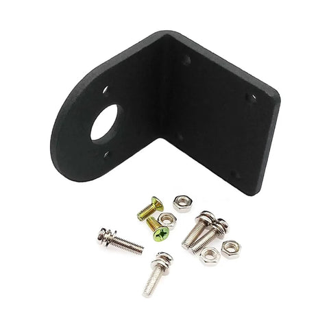 1x black L-shaped aluminum motor mounting bracket with mounting hole; includes screws and nuts