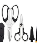 Front view of Heavy Duty Scissors Set With Ultra Sharp Stainless Steel Blades And Protective Cover For Easy Cutting Cardboard Wires Fabric Leather Iron Mesh, Pro Grade Ergonomic Handles For All Day Comfort And Precision.