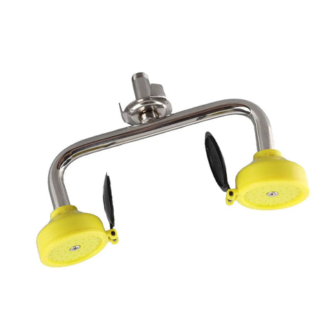 Emergency Eye Wash Station With Flexible Installation For Industry And Laboratory Use In 304 Stainless Steel with yellow nozzles.